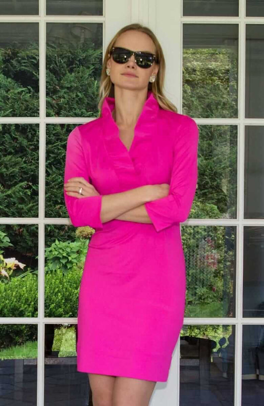 Pink Ruffle Neck 3/4 Sleeve Dress