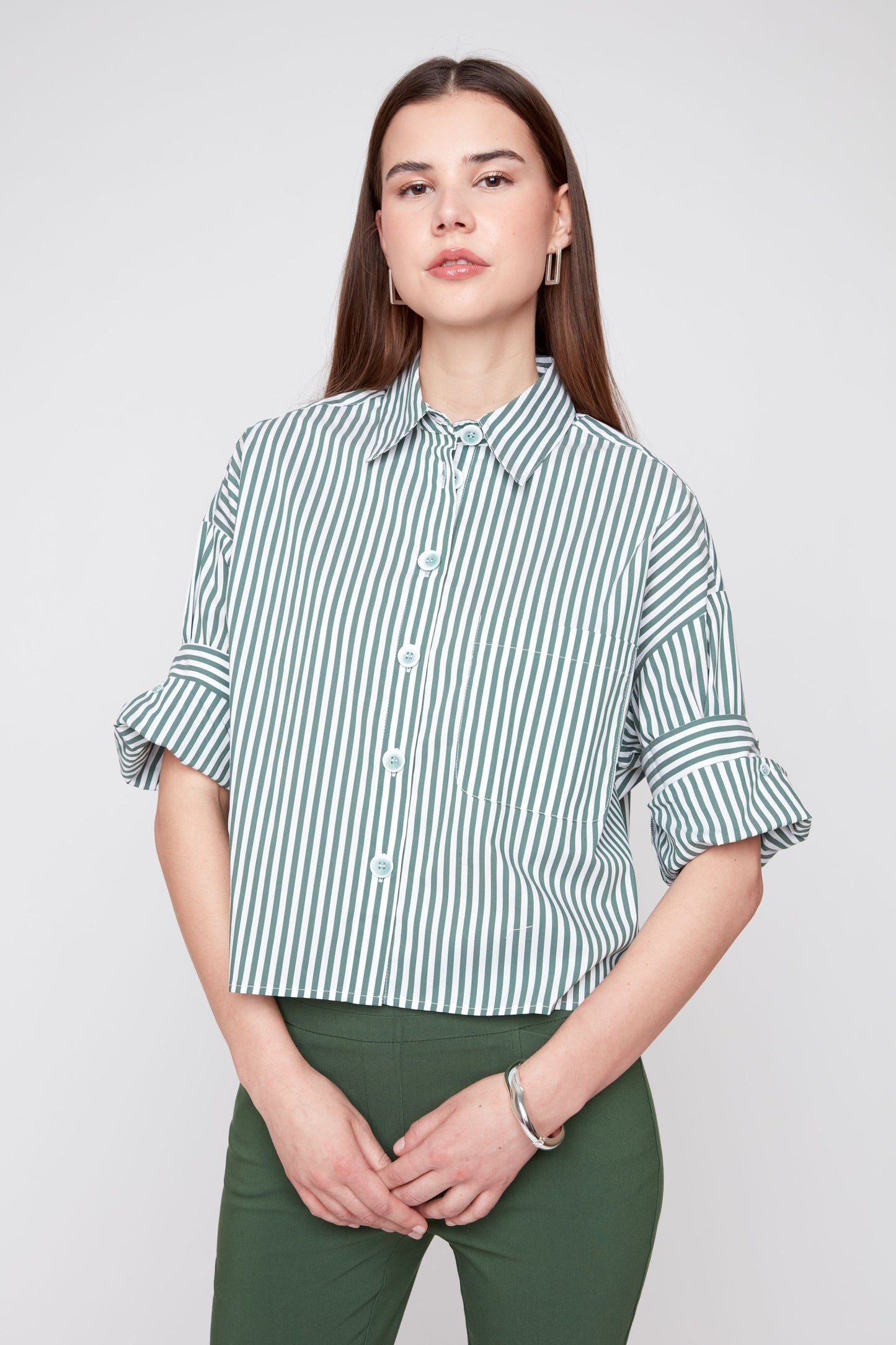 Olive Stripe Crop Shirt