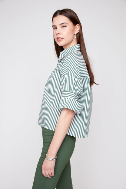 Olive Stripe Crop Shirt