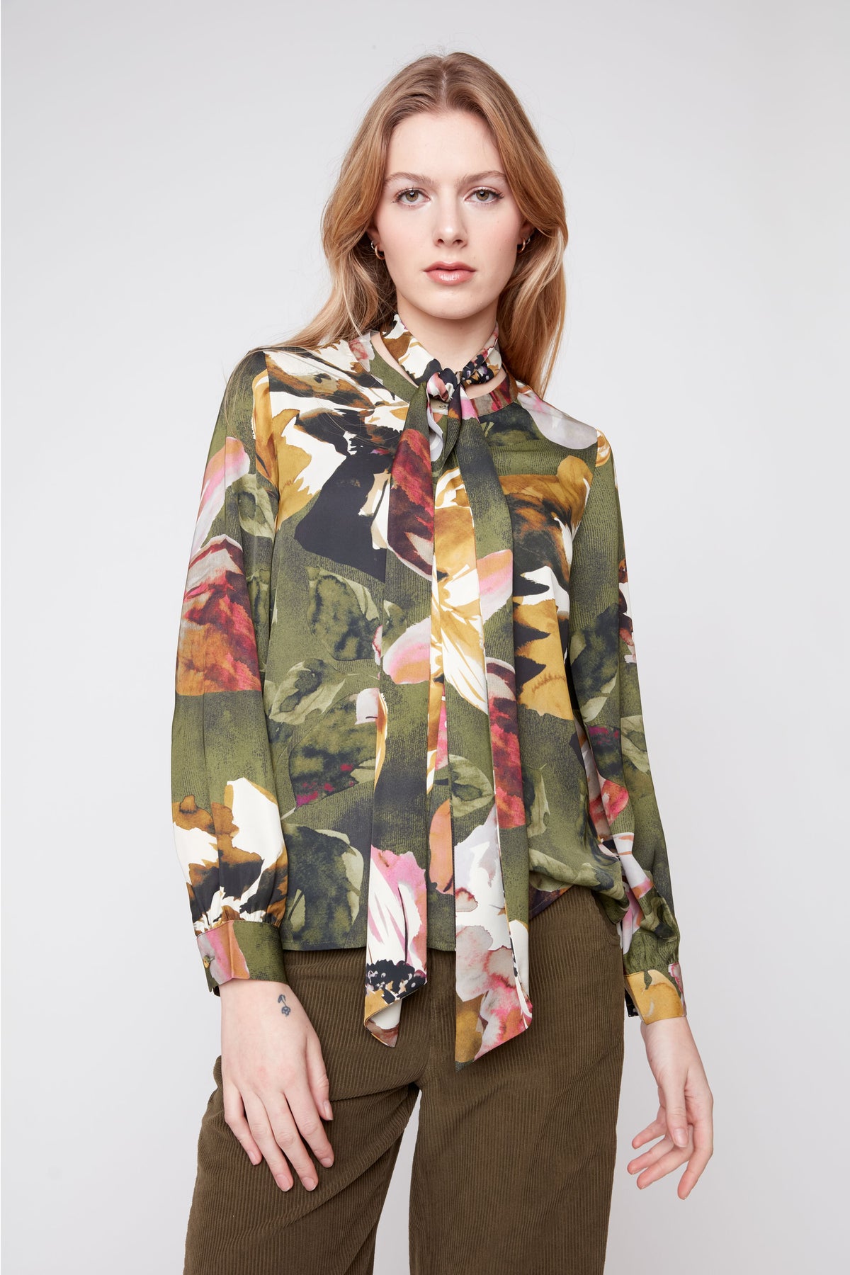 Olive Floral Tie Satin Blouse