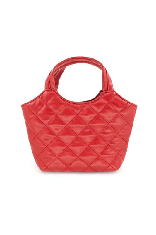 Red quilted handbag on a white background