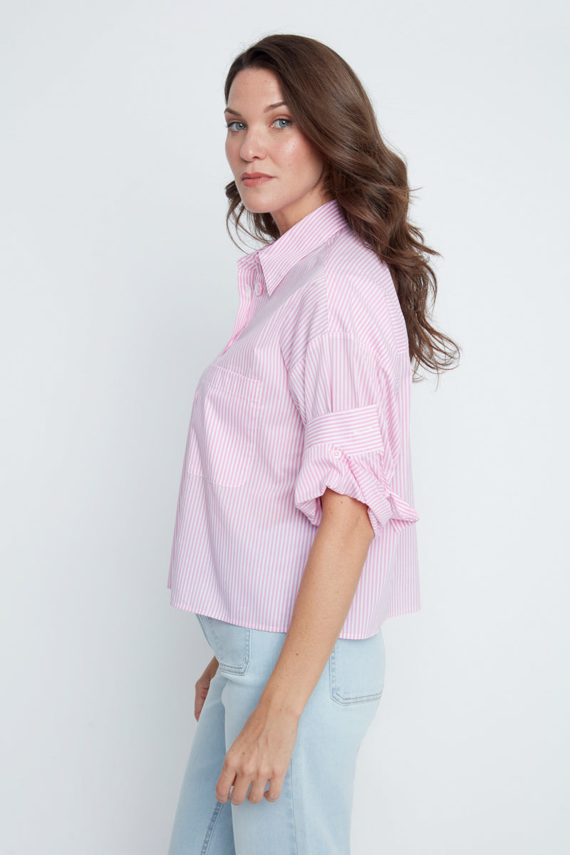 Rose Stripes Short Sleeve Collared Blouse