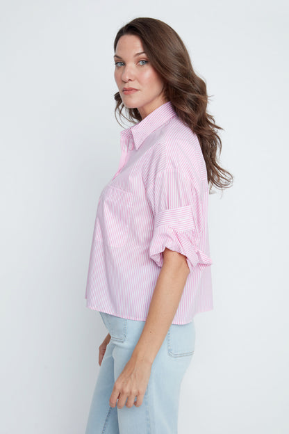 Rose Stripes Short Sleeve Collared Blouse