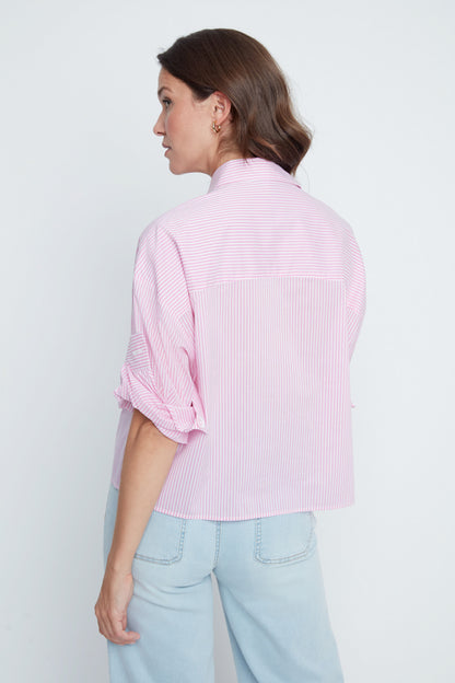 Rose Stripes Short Sleeve Collared Blouse