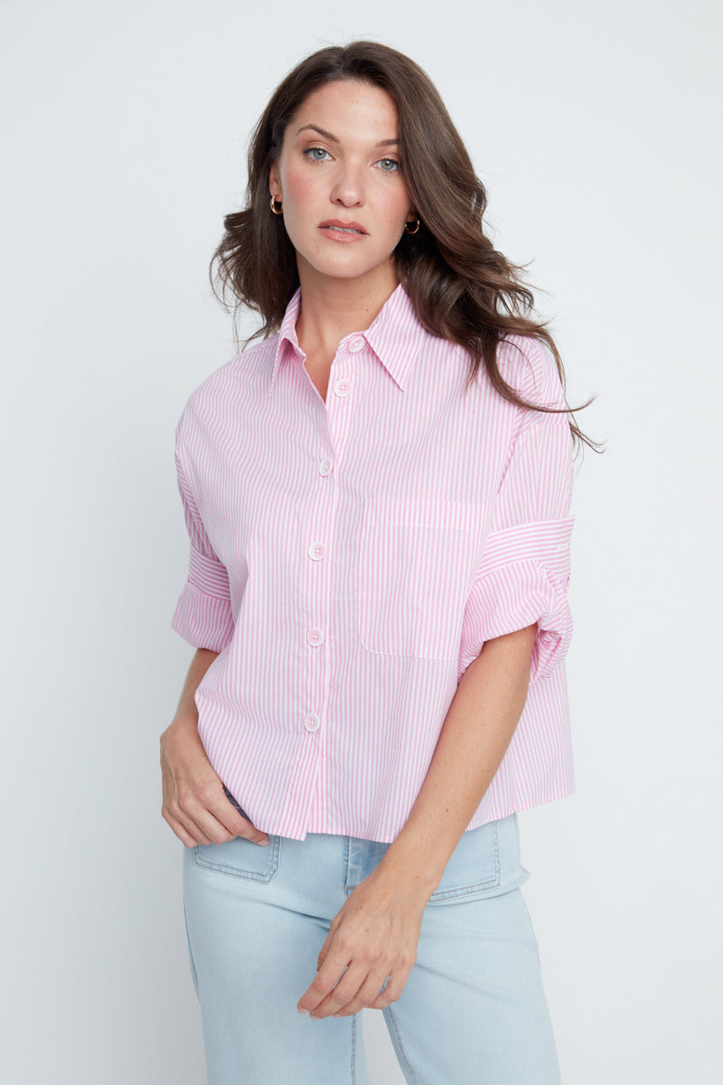Rose Stripes Short Sleeve Collared Blouse