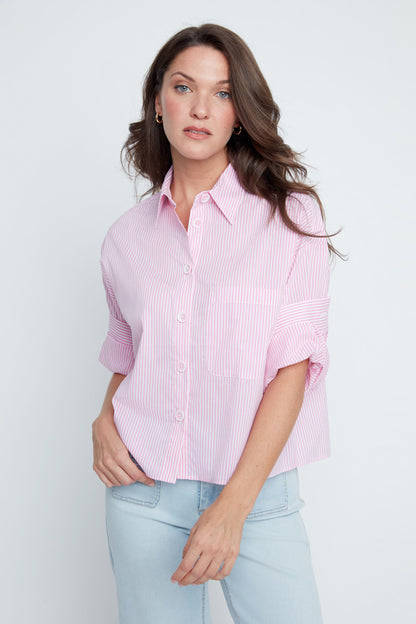 Rose Stripes Short Sleeve Collared Blouse