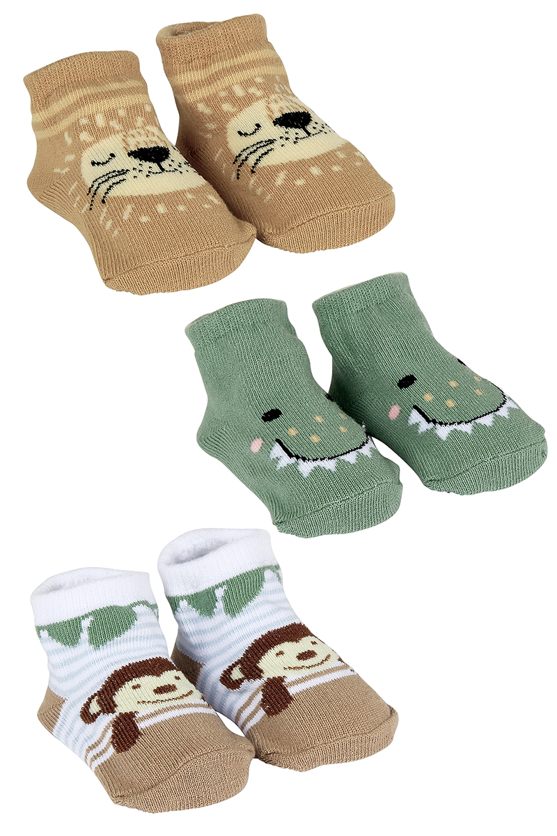 Set of three baby socks with animal designs on a white background