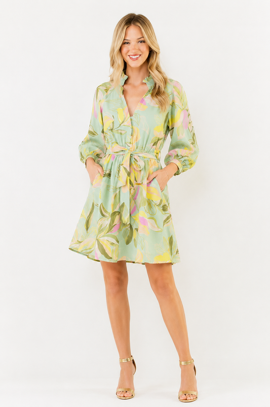 Woman wearing a floral dress with a white background