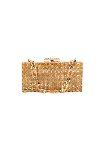Acrylic straw woven clutch bag with chain handle on a white background