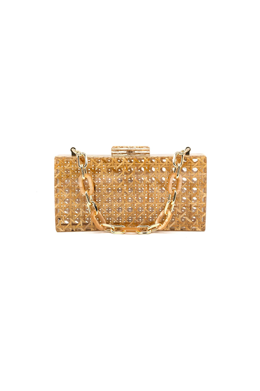 Acrylic straw woven clutch bag with chain handle on a white background