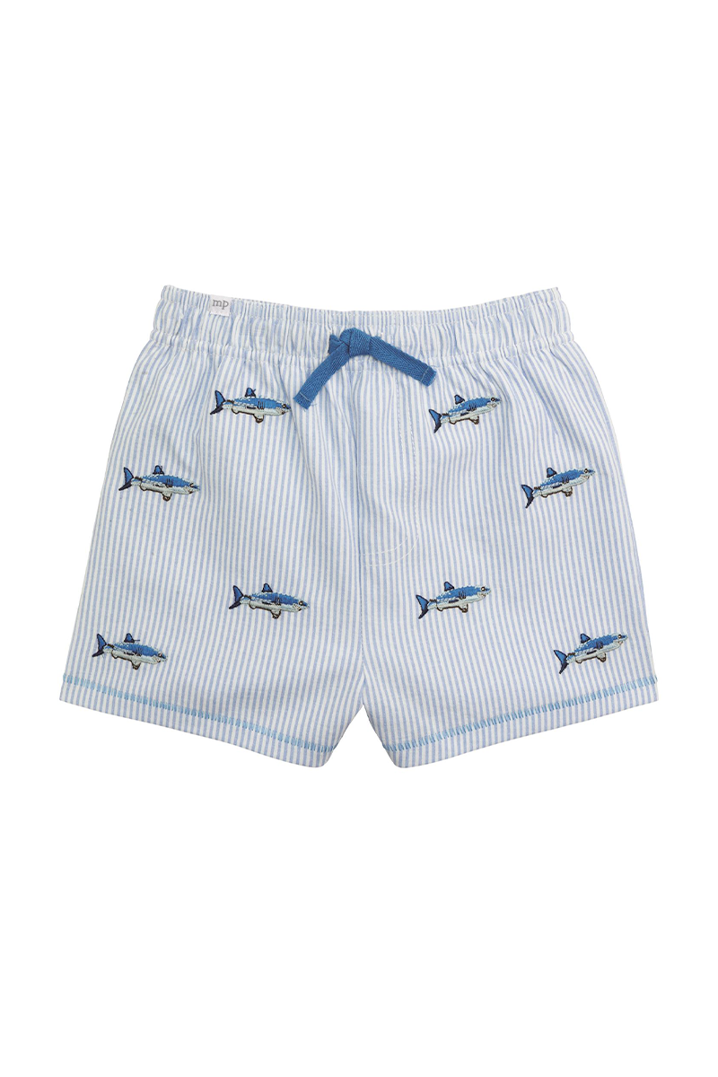 Blue striped shorts with shark patterns on a white background