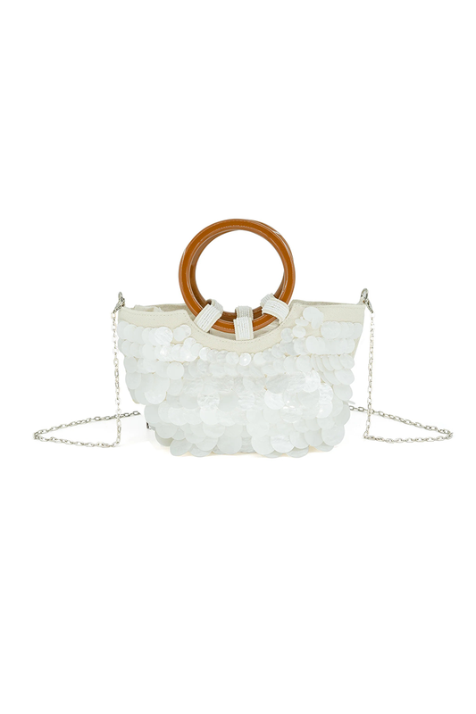 White shell handbag with wooden handle on a white background