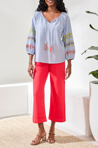 Striped Embroidered Tassel Blouse