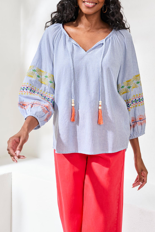 Striped Embroidered Tassel Blouse