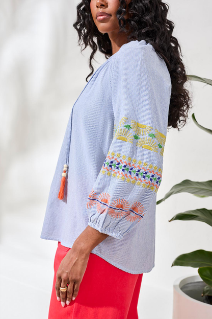 Striped Embroidered Tassel Blouse