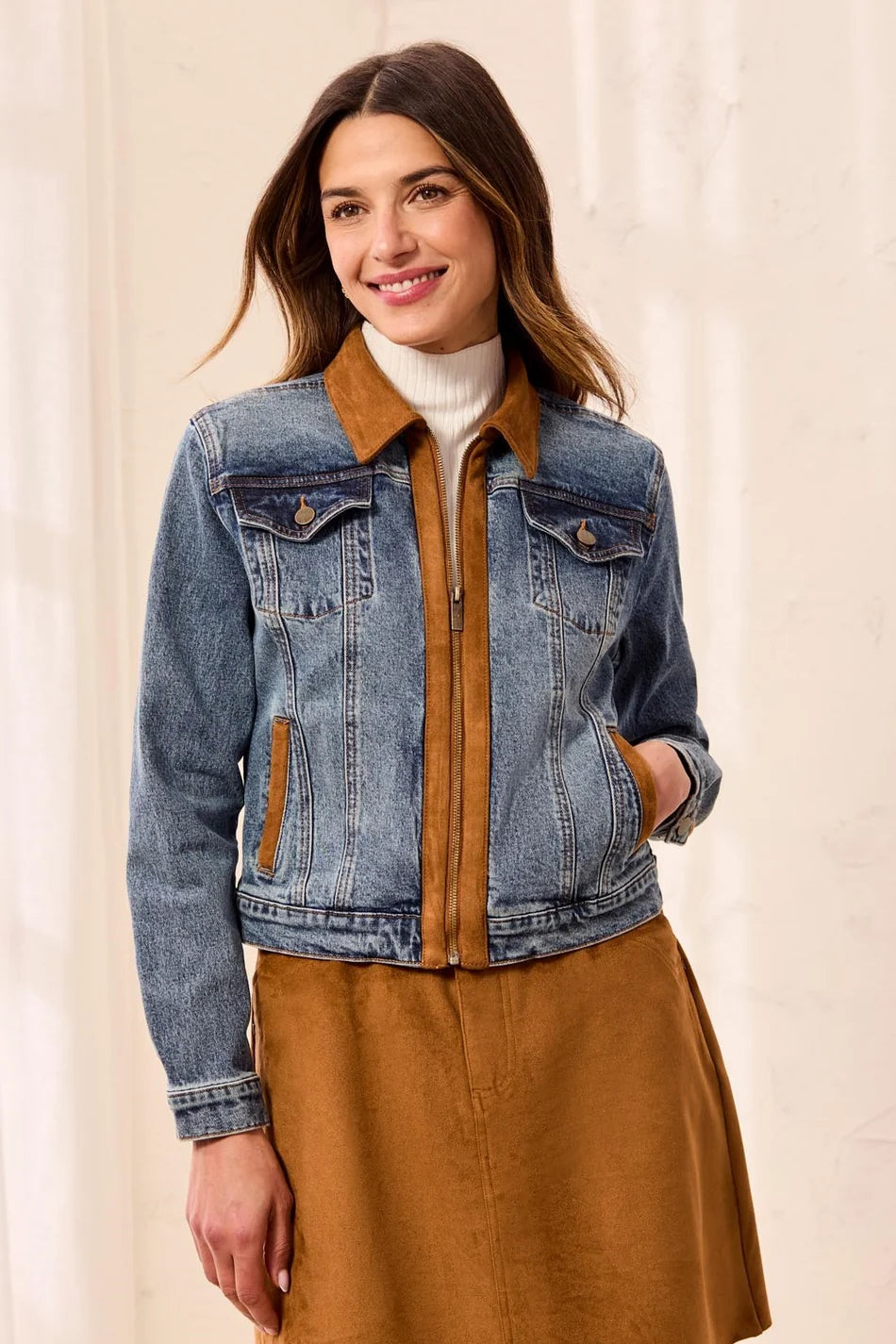 Suede and Denim Zip Front Jacket