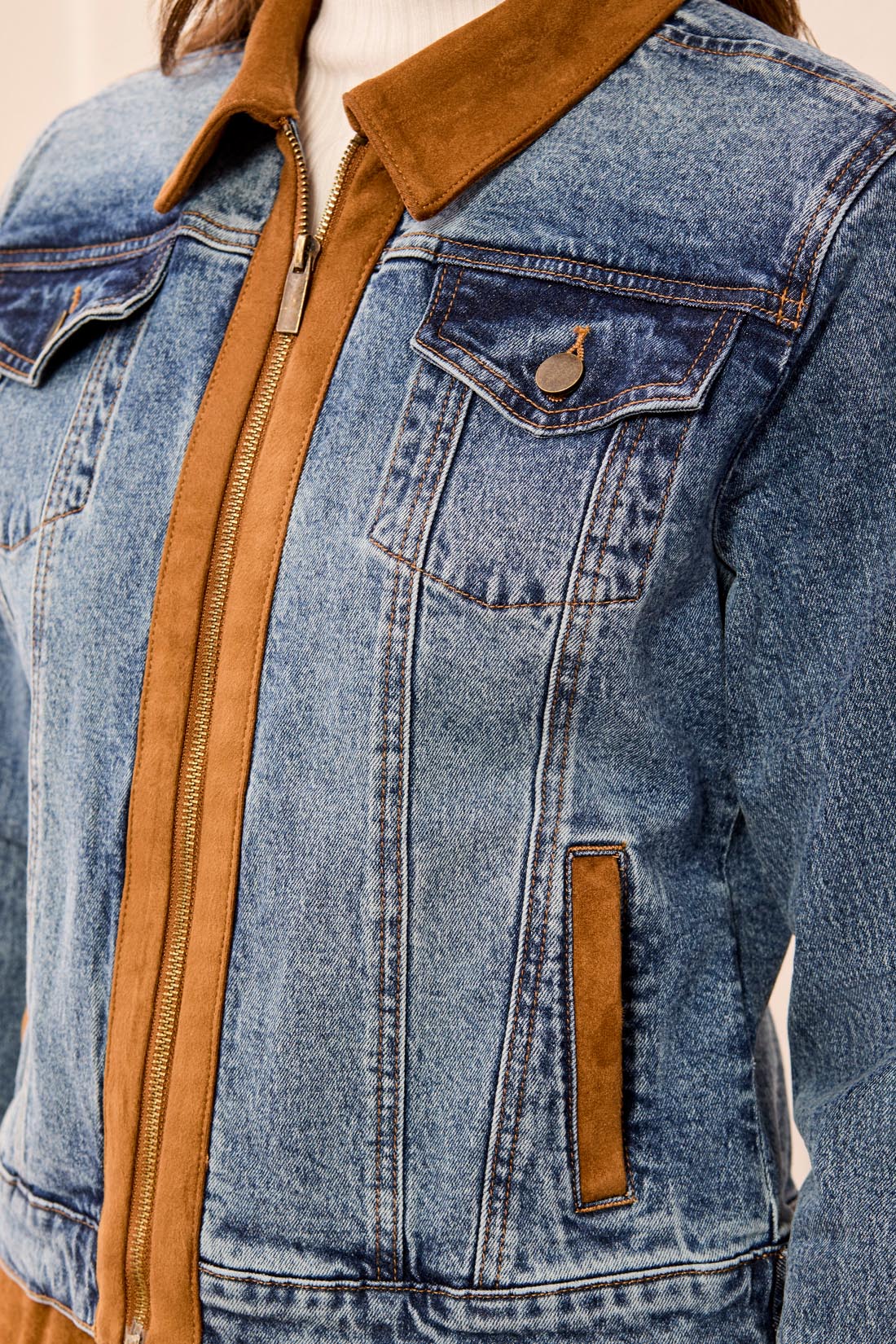 Suede and Denim Zip Front Jacket