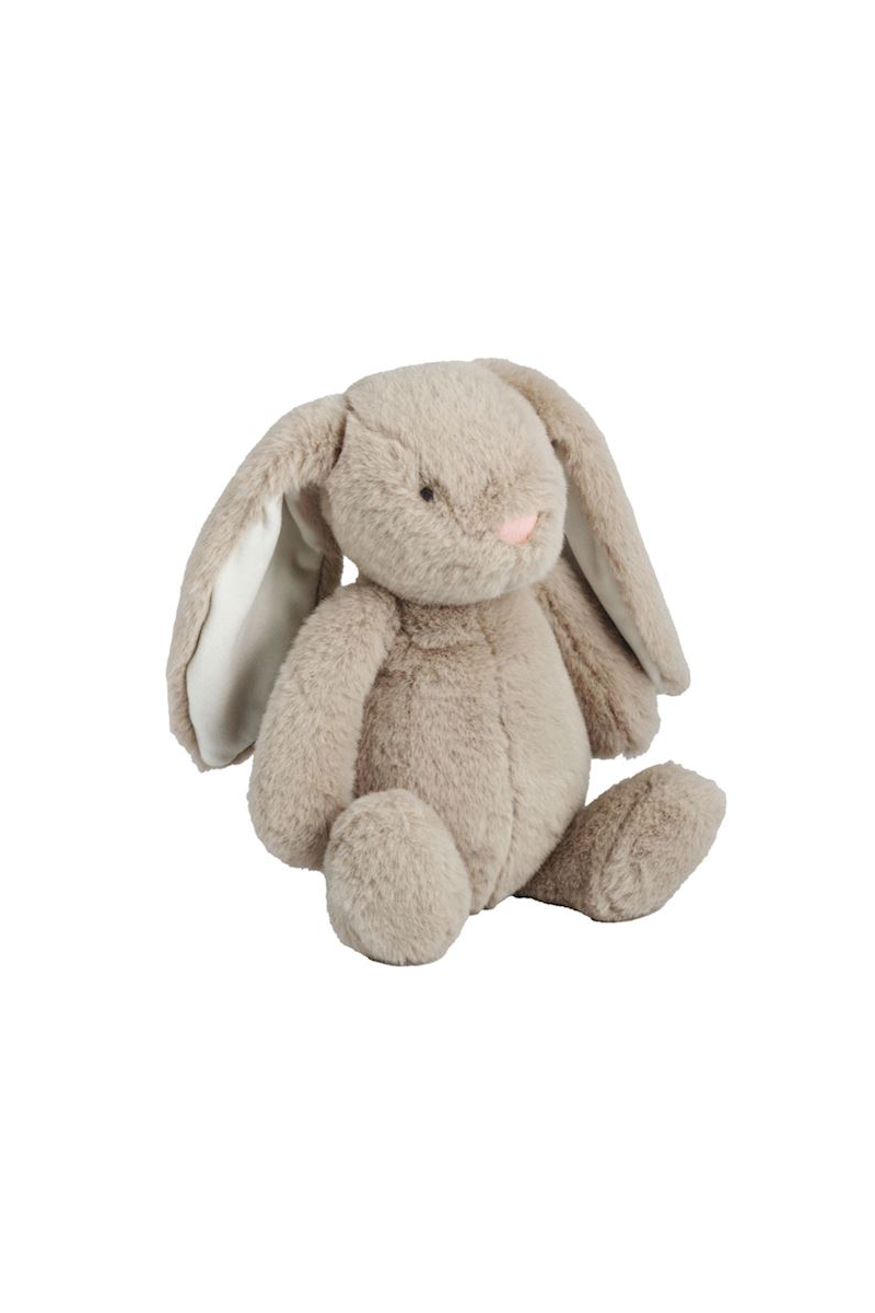Tan plush bunny toy on a white background