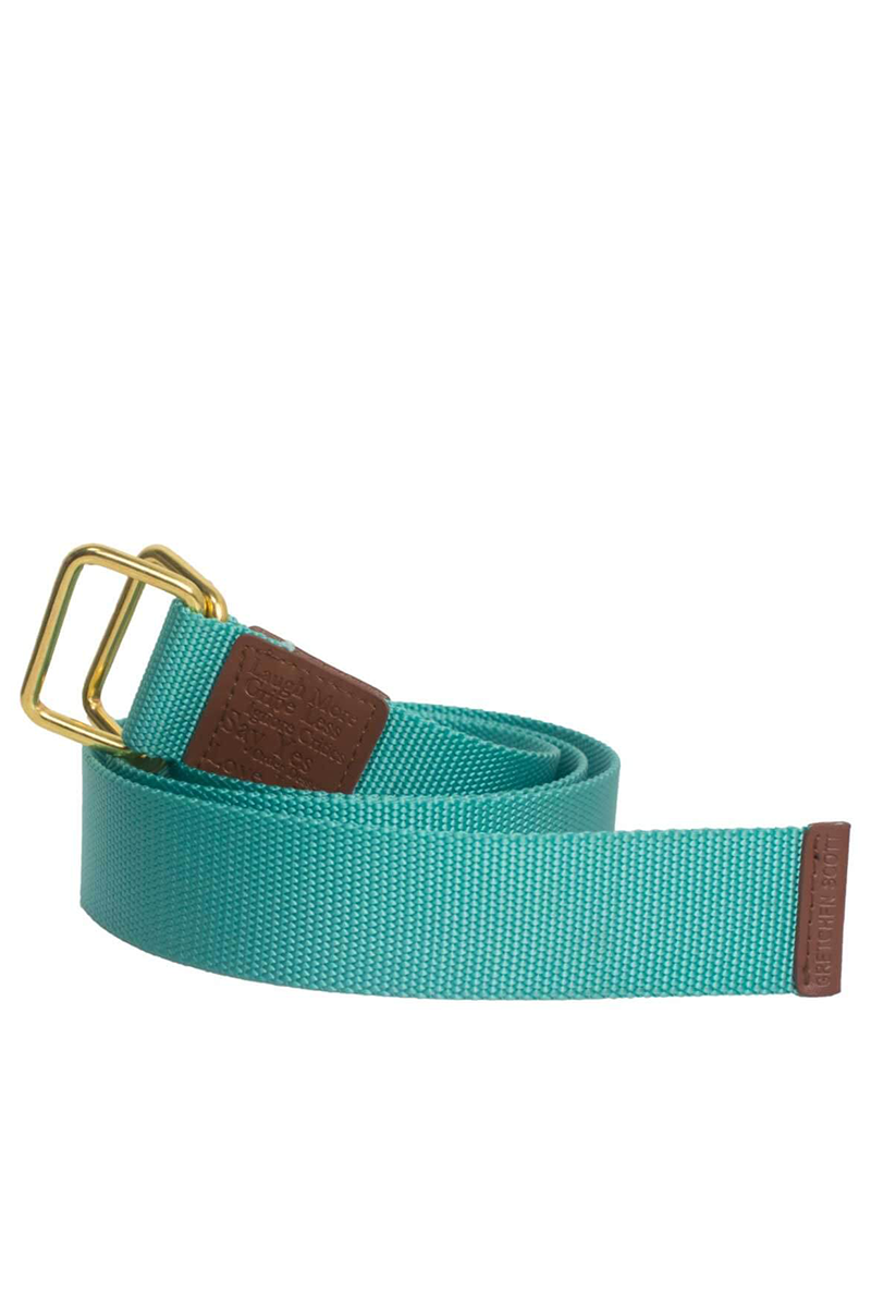 Turquoise belt with brown end and gold buckle on a white background