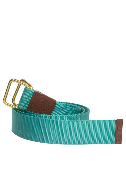Turquoise belt with brown end and gold buckle on a white background