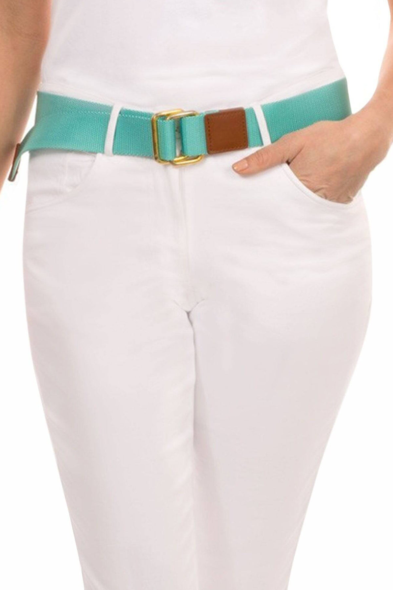 White pants with a turquoise belt featuring a gold buckle on a white background
