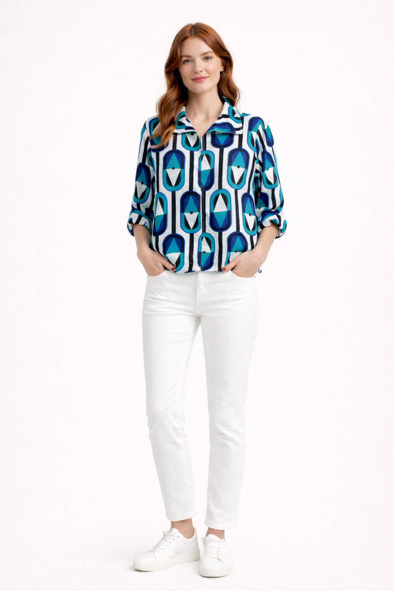 Turquoise Geo Print 3/4 Sleeve Blouse