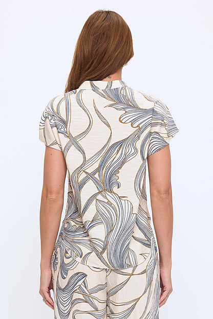 Wave Woven Cap Sleeve Mandarin Top