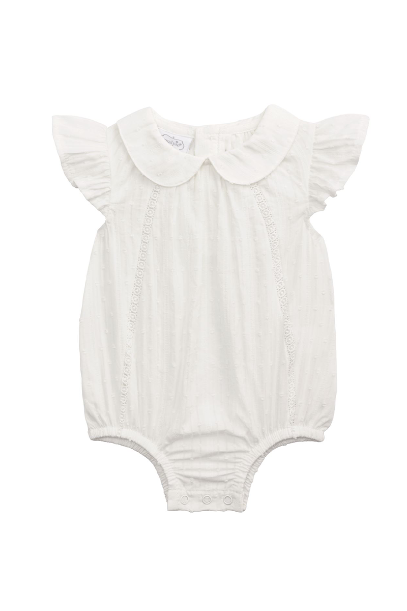 White bubble bodysuit with flutter sleeves and collar