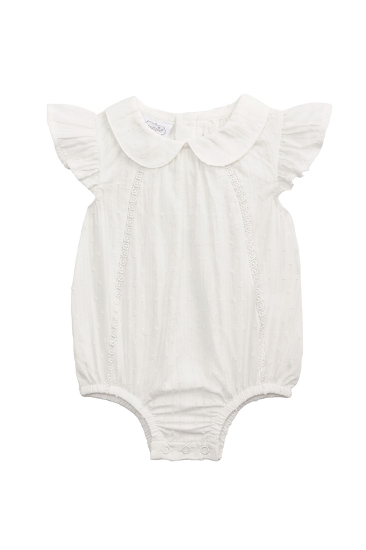 White bubble bodysuit with flutter sleeves and collar