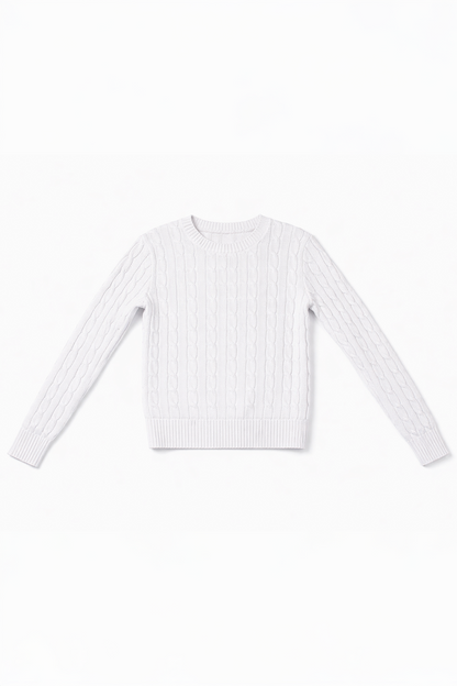 White cable knit sweater on a white background