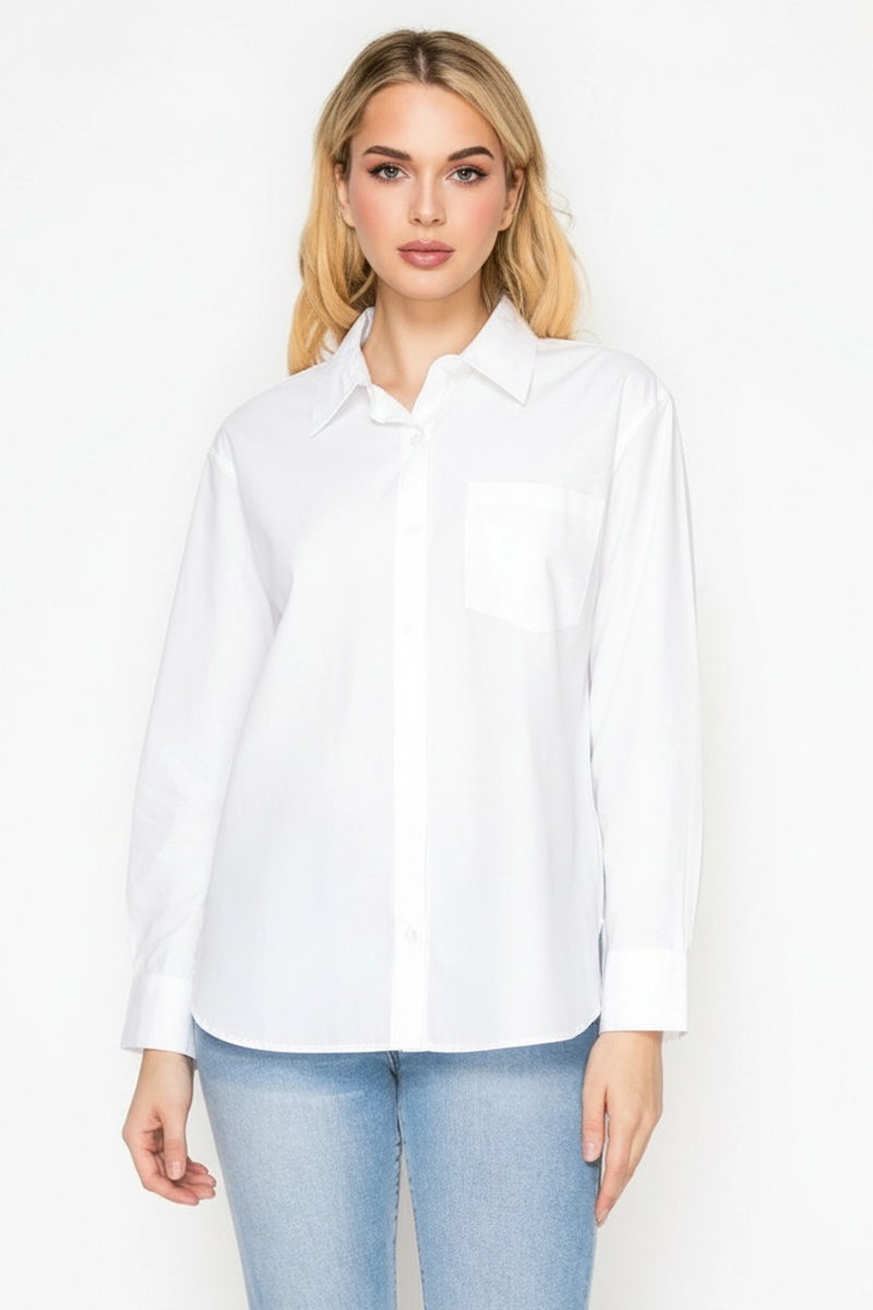 Woman wearing a white shirt and light blue jeans on a white background