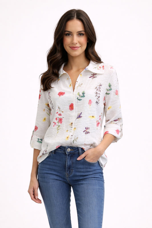 White Floral Print 3/4 Sleeve Blouse