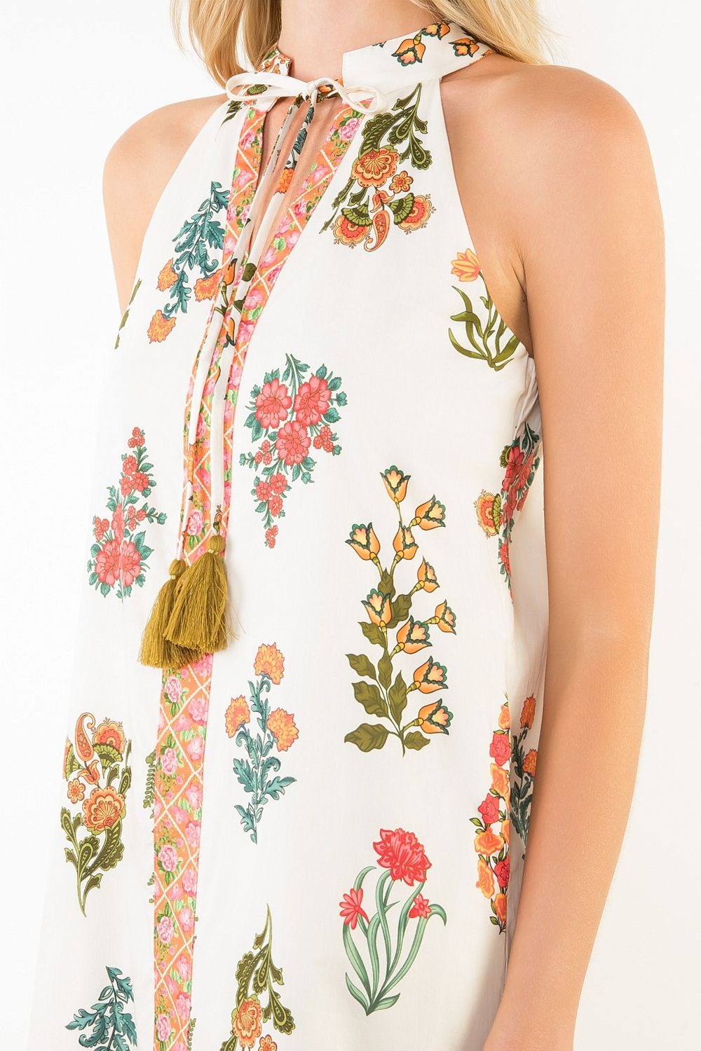 White Floral Tassel Midi Dress