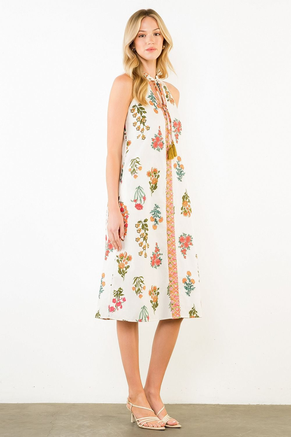 White Floral Tassel Midi Dress