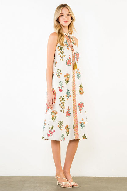 White Floral Tassel Midi Dress