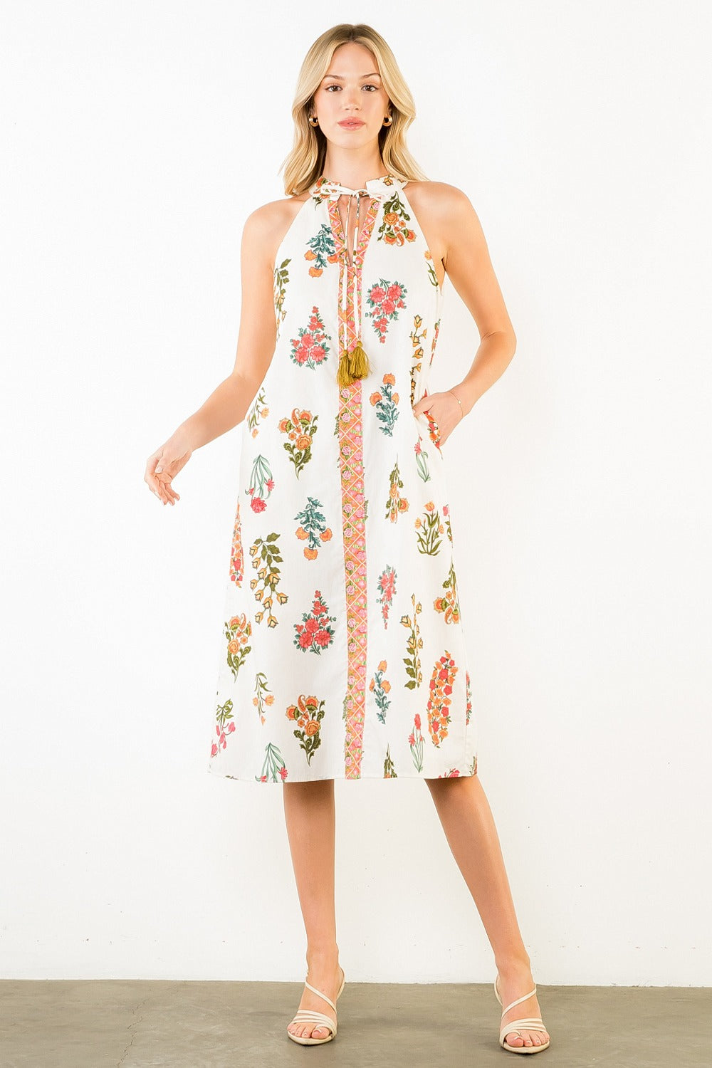 White Floral Tassel Midi Dress