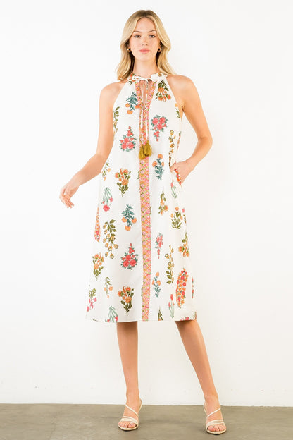White Floral Tassel Midi Dress
