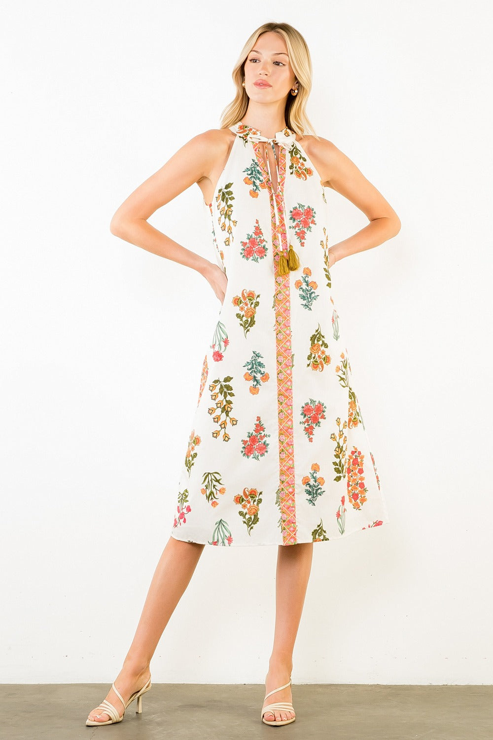 White Floral Tassel Midi Dress