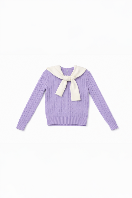 Purple sweater with a white shawl wrap on a white background