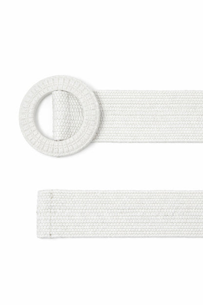 White woven belt with a circular buckle on a white background