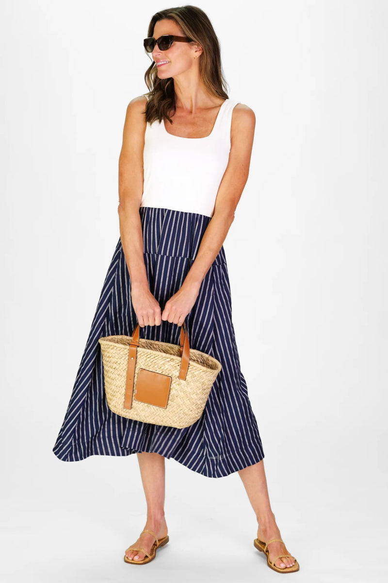 White and Navy Linen Stripe Midi Dress