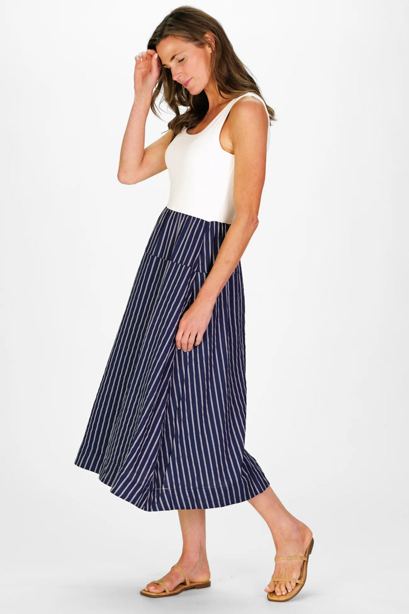 White and Navy Linen Stripe Midi Dress