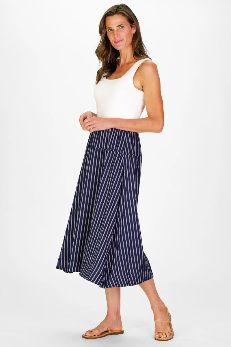 White and Navy Linen Stripe Midi Dress