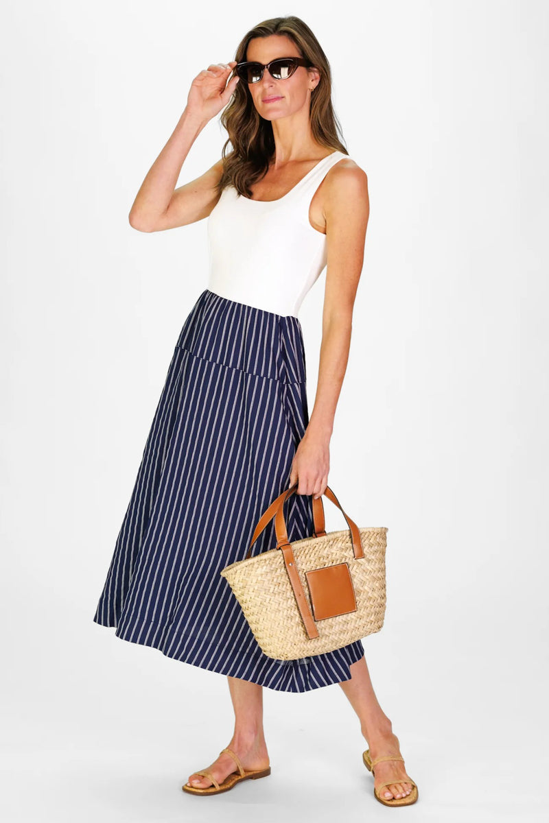 White and Navy Linen Stripe Midi Dress
