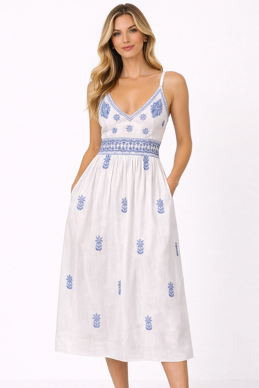 White and Periwinkle Embroidered Midi Dress