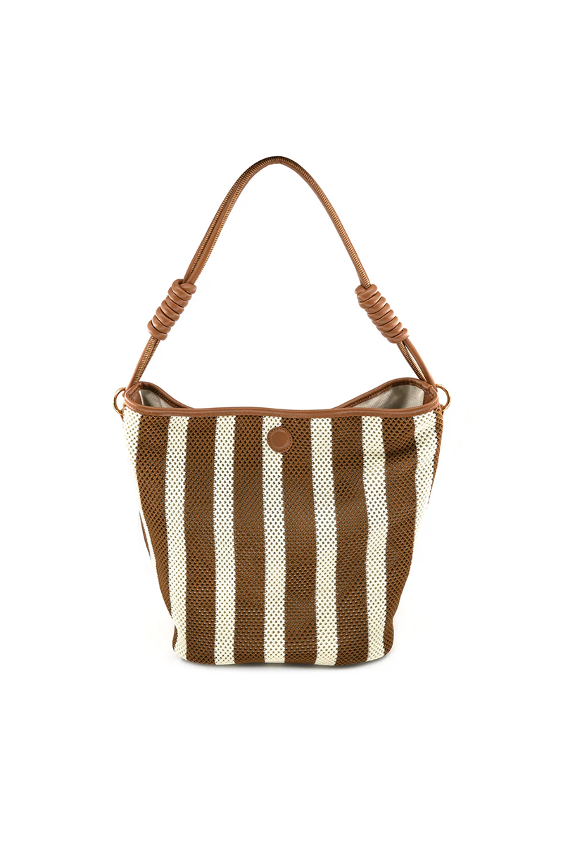 Striped handbag with brown handle on a white background