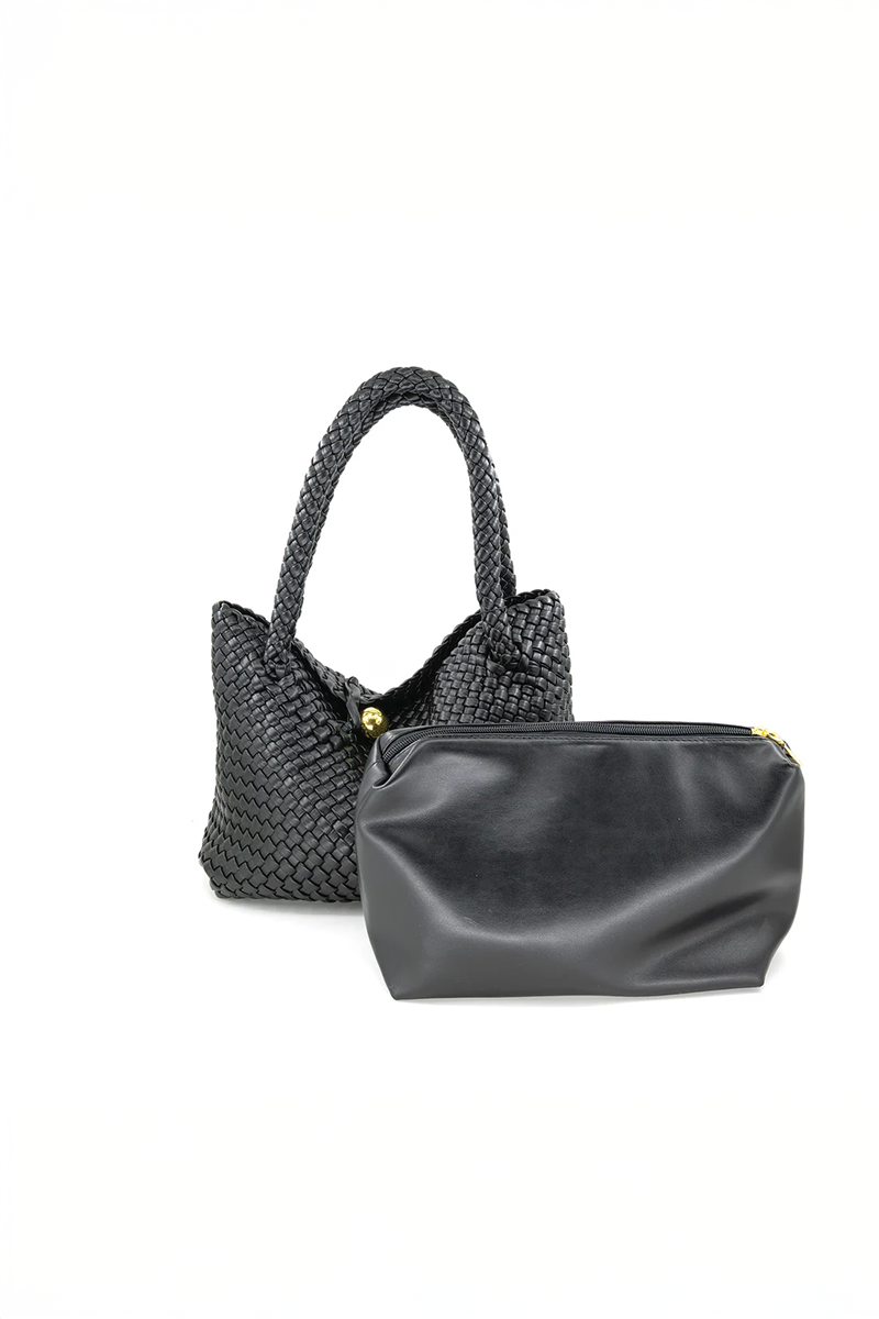 Two black handbags, one woven and one smooth, on a white background