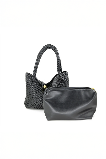 Two black handbags, one woven and one smooth, on a white background