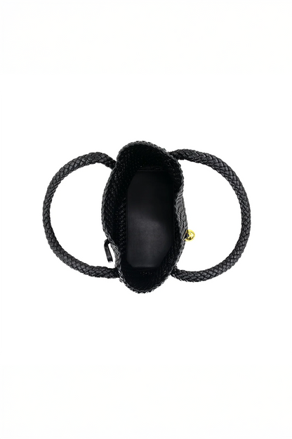 Open black bag with a textured black strap on a white background