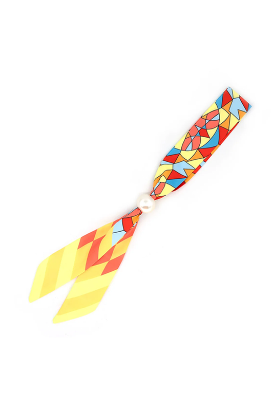Silk colorful geometric printed neck scarf with adjustable pearl accent on white background